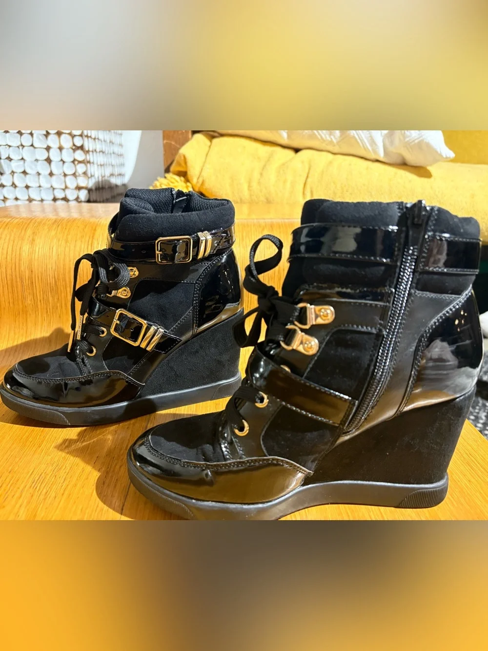 ShoeDazzle Black High-Top Wedge Sneakers Multi-Strap Gold Buckles Size 6